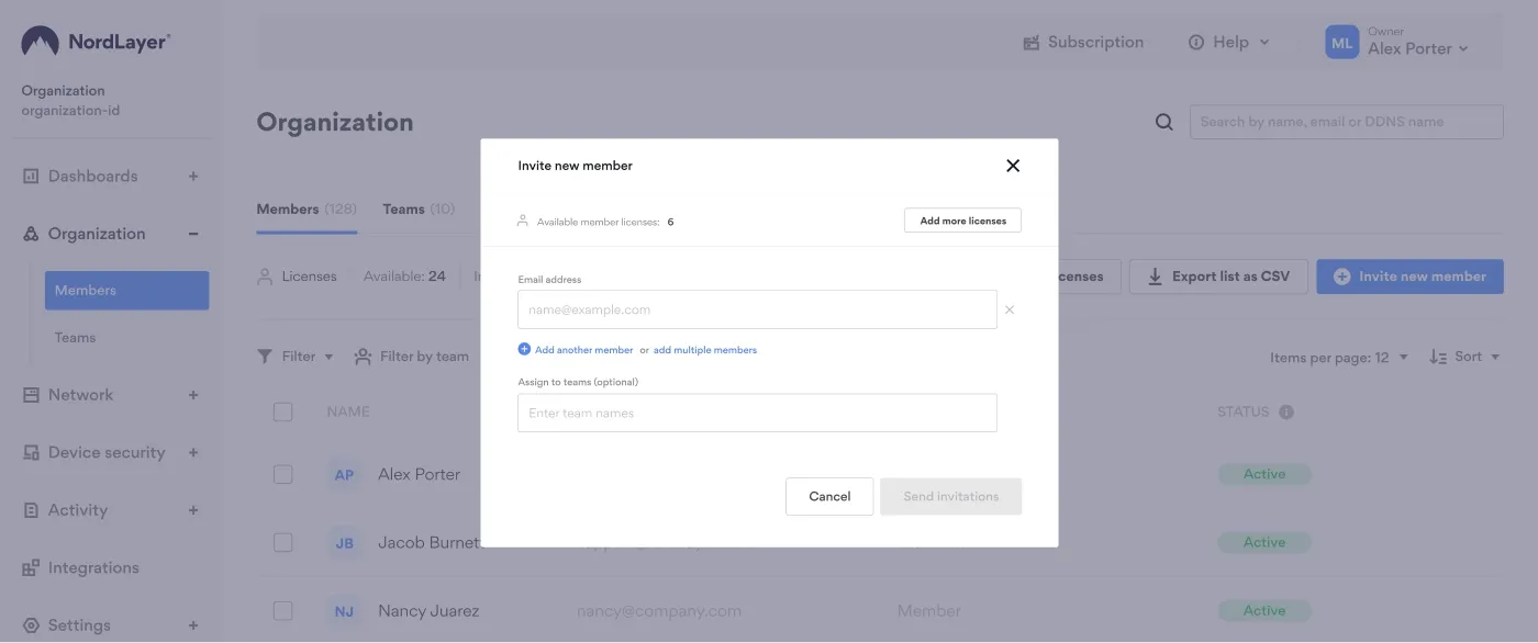 An image showing how invite a new member in NordLayer’s Control Panel