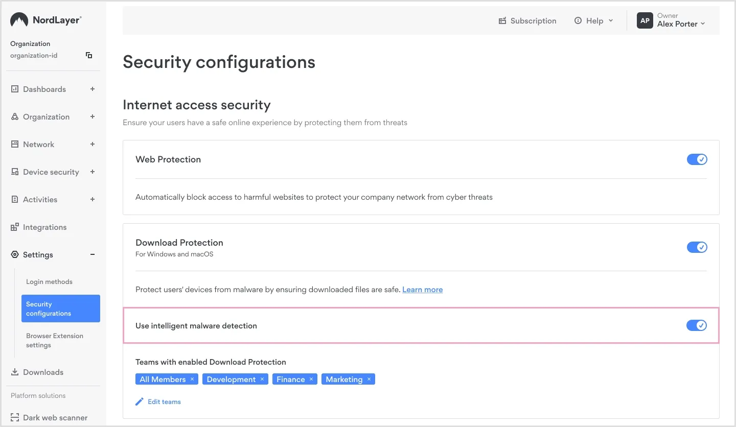 Download protection security configurations