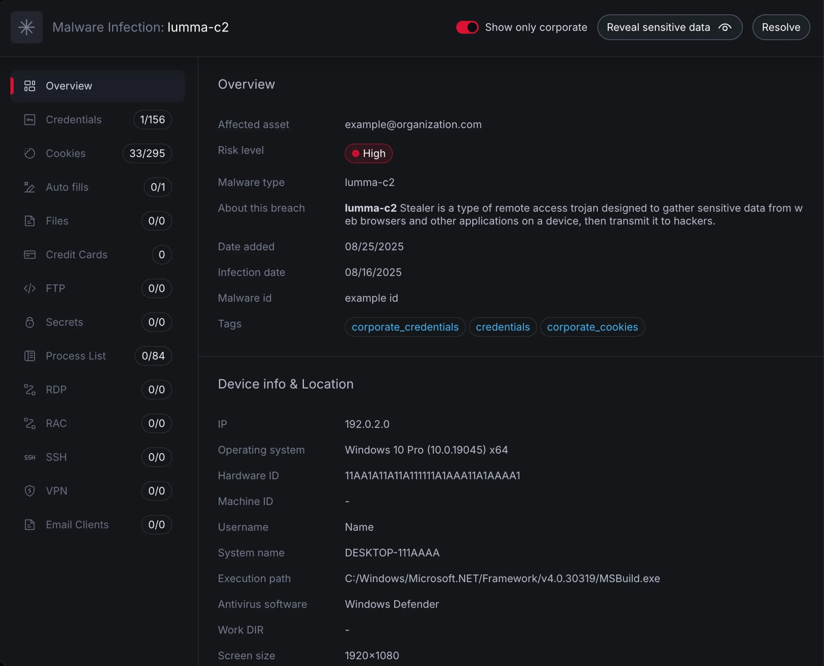 An image with exposed data from a malware infection in NordStellar's dashboard