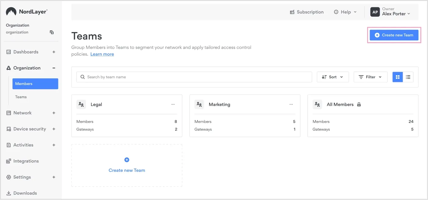 An image presenting creating a new team in NordLayer’s Control Panel