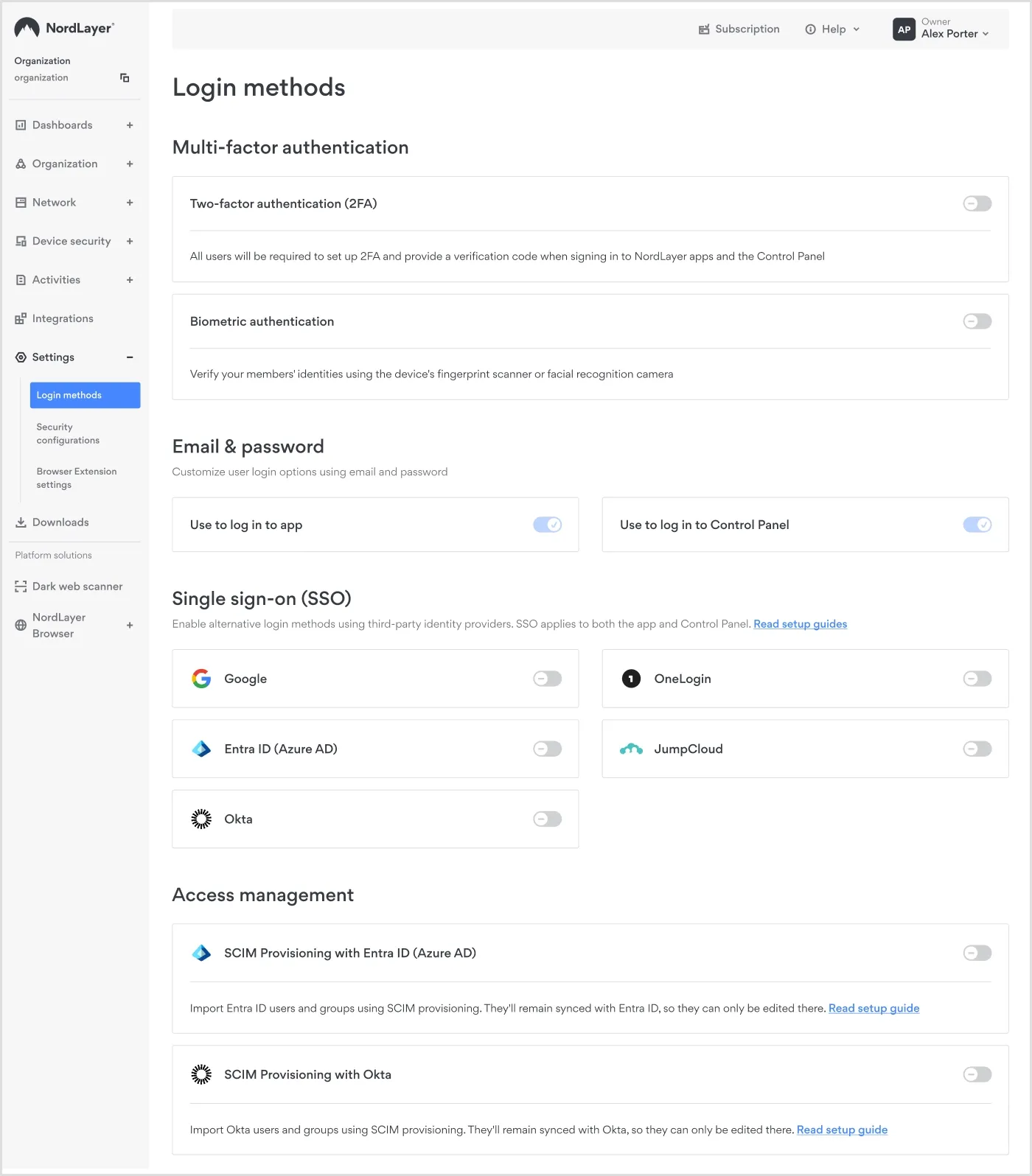 An image showing how to enable login methods in the Control Panel