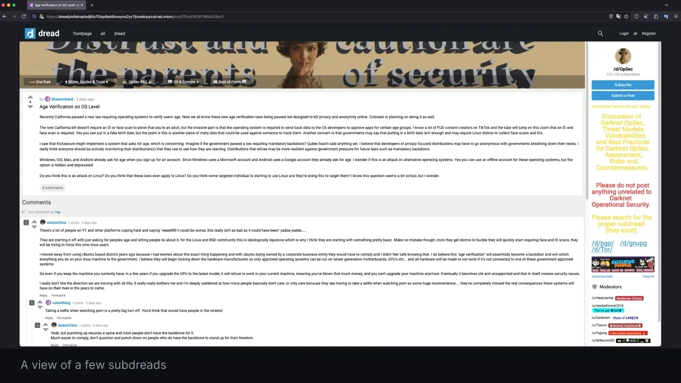 A view of a few subdreads in Dread forum, the dark web's Reddit