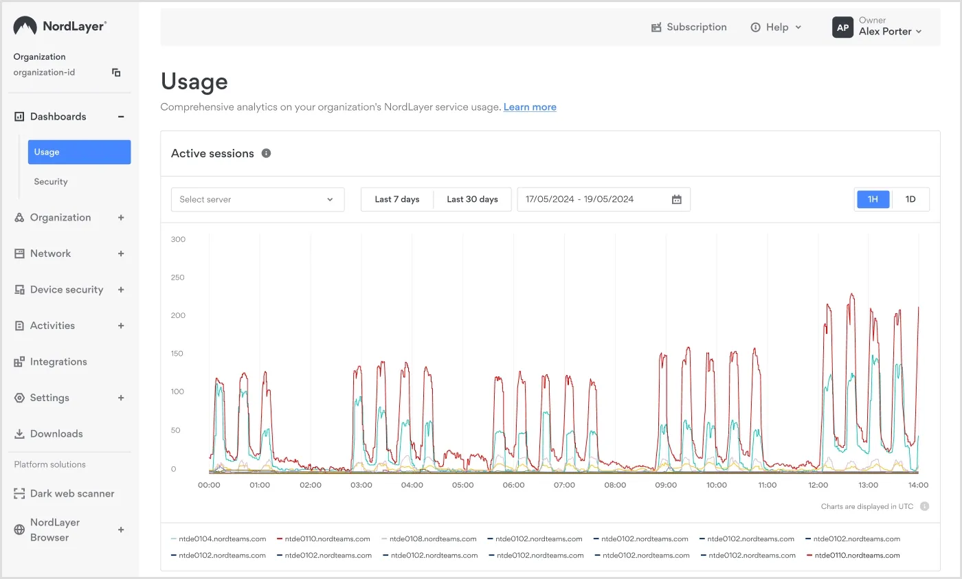 A view of the Usage dashboard section in NordLayer’s Control Panel