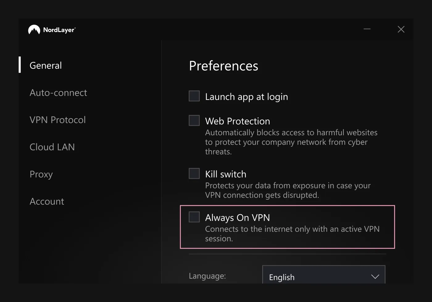 An image showing enabling Always On VPN in the NordLayer app