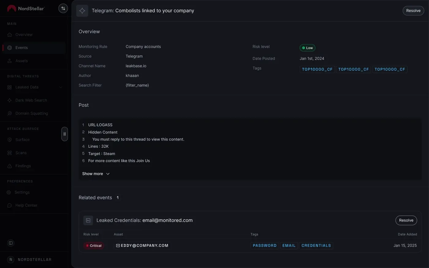 An Image showing a combolist file for sale on Telegram