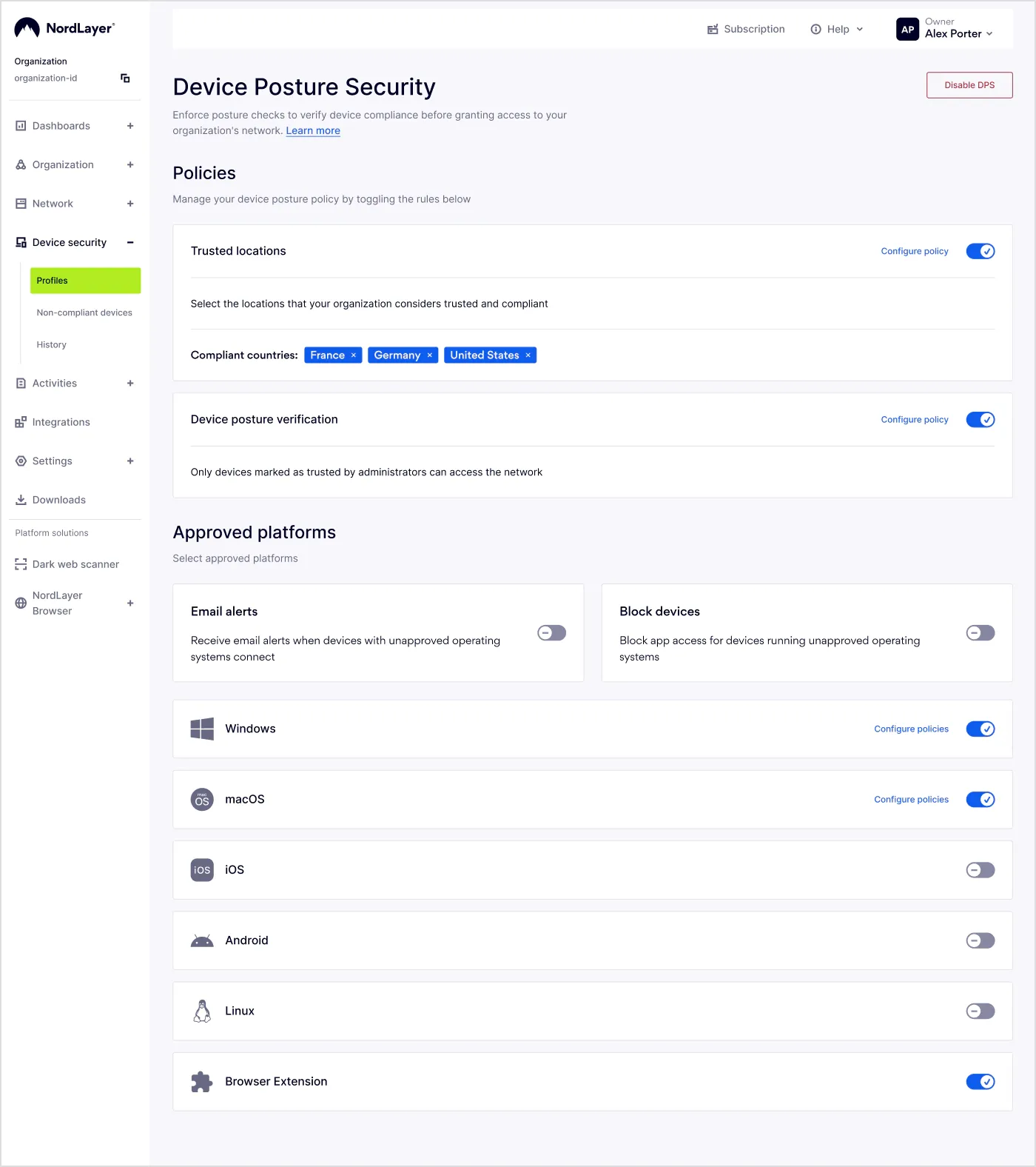 A view of the device posture security feature in NordLayer’s Control Panel