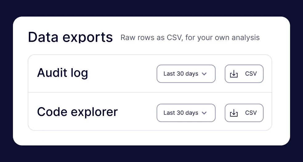 Audit log and code explorer export interface with CSV options