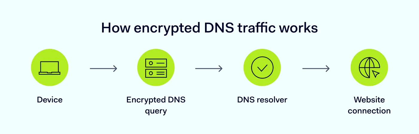 A diagram showing how encrypted DNS queries travel securely between a user device, DNS resolver, and website.