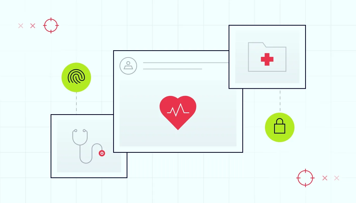 Abstract illustration of medical data secured with a lock and fingerprint, symbolizing health data protection.