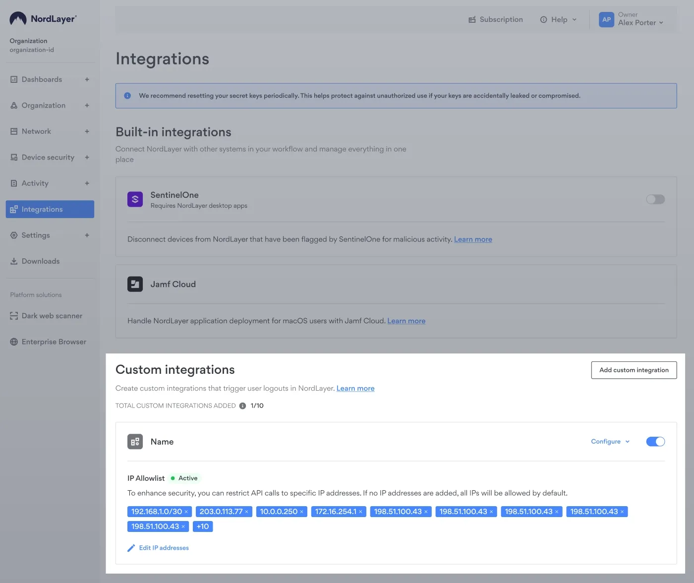 Custom Integrations control panel showing IP allowlist 