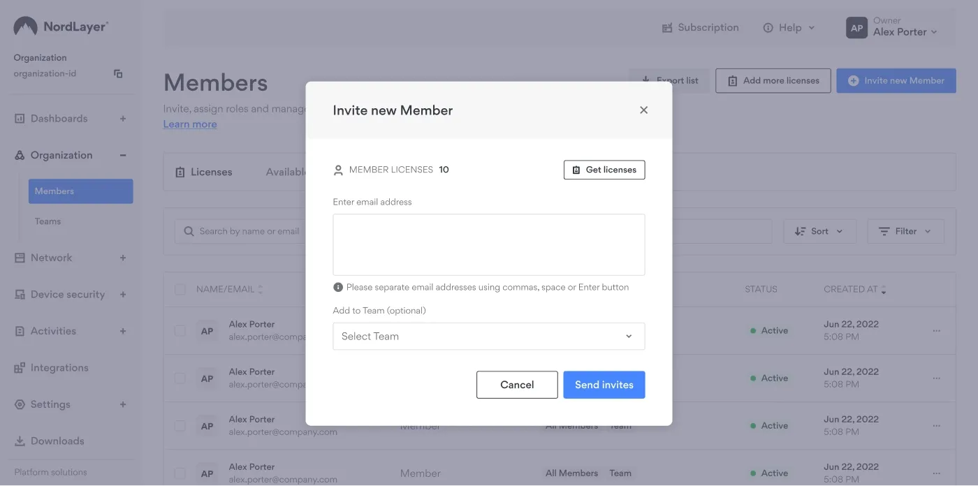 An image showing how to Invite a new member in the Control Panel