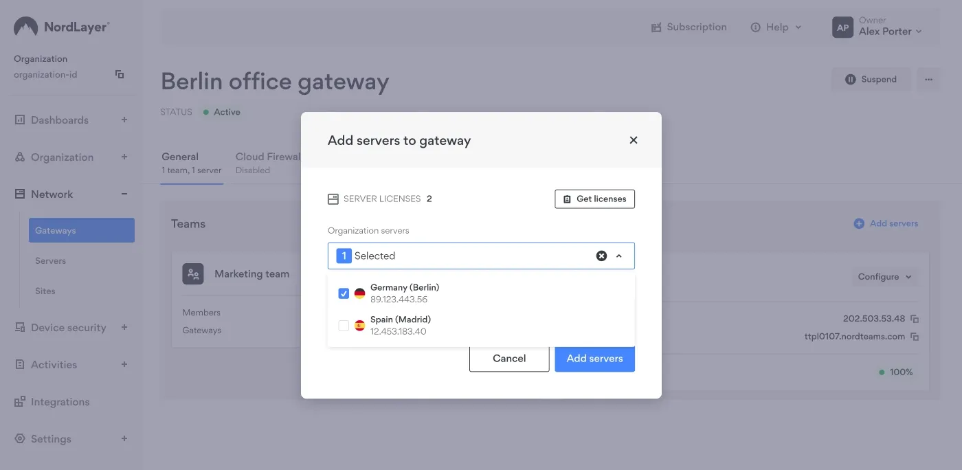 An image showing adding a team to a gateway in NordLayer's Control Panel