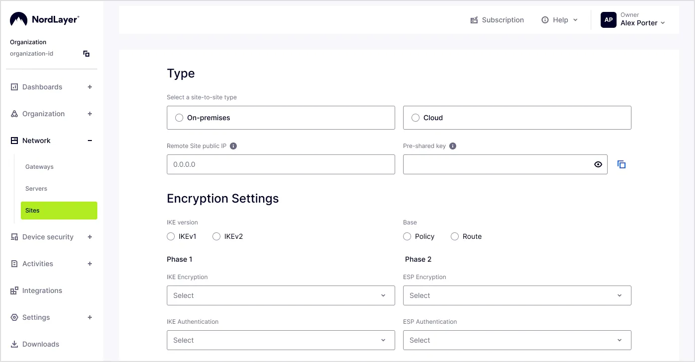 A screenshot of NordLayer Control Panel showing "Sites"