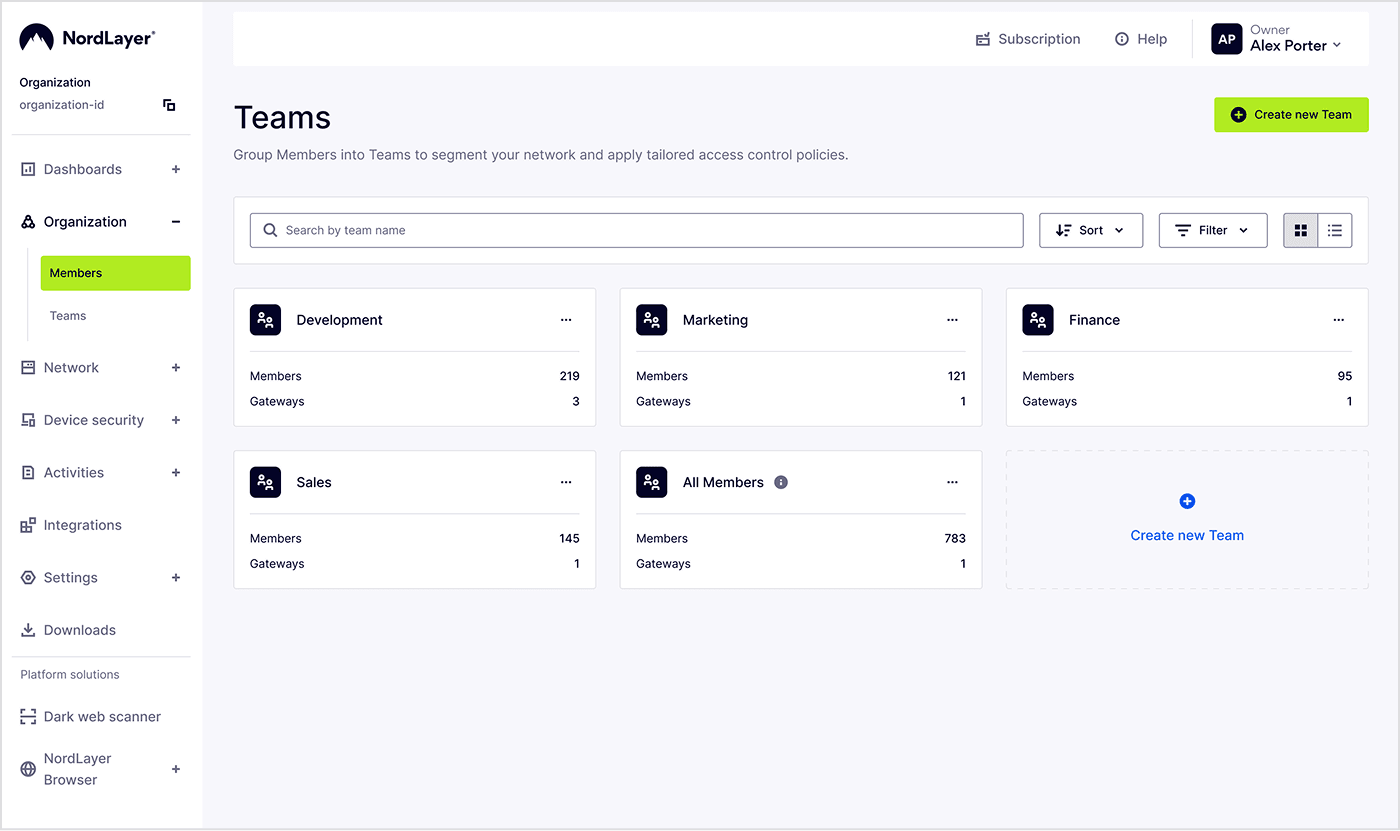 How to organize teams in NordLayer’s Control Panel looks
