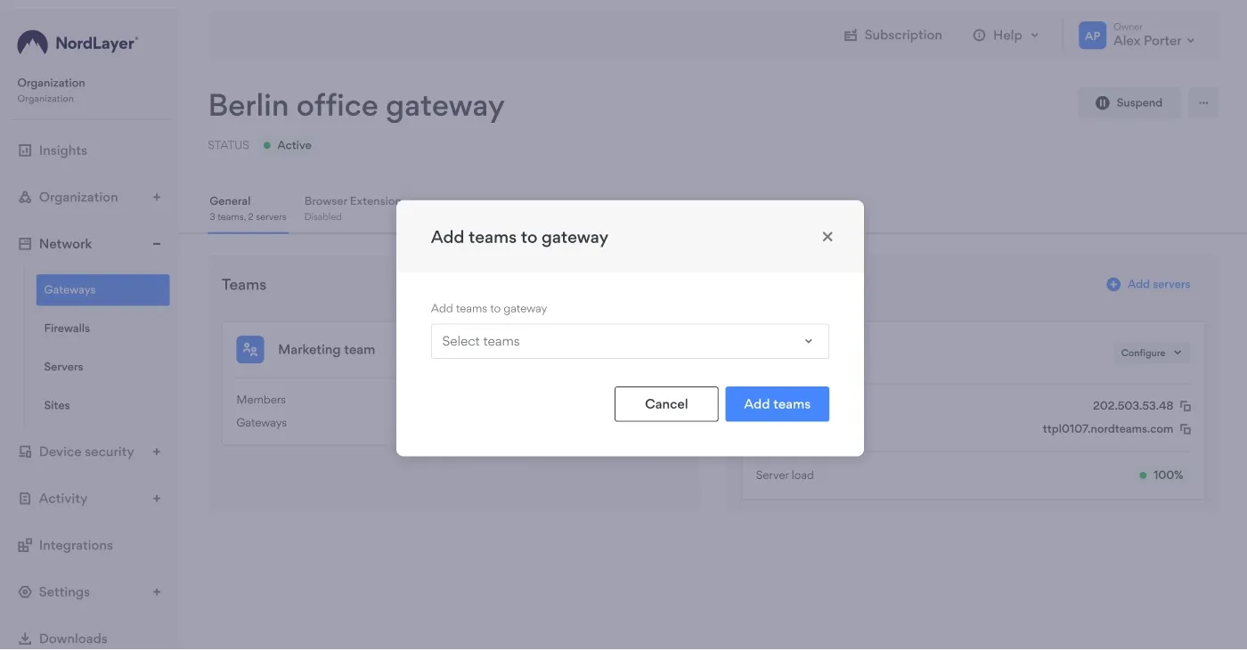 Popup of NordLayer Control Panel Network Gateways