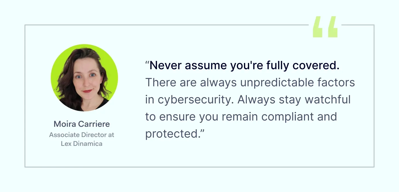 An image with a cybersecurity tip from Moira Carriere, Associate Director at Lex Dinamica