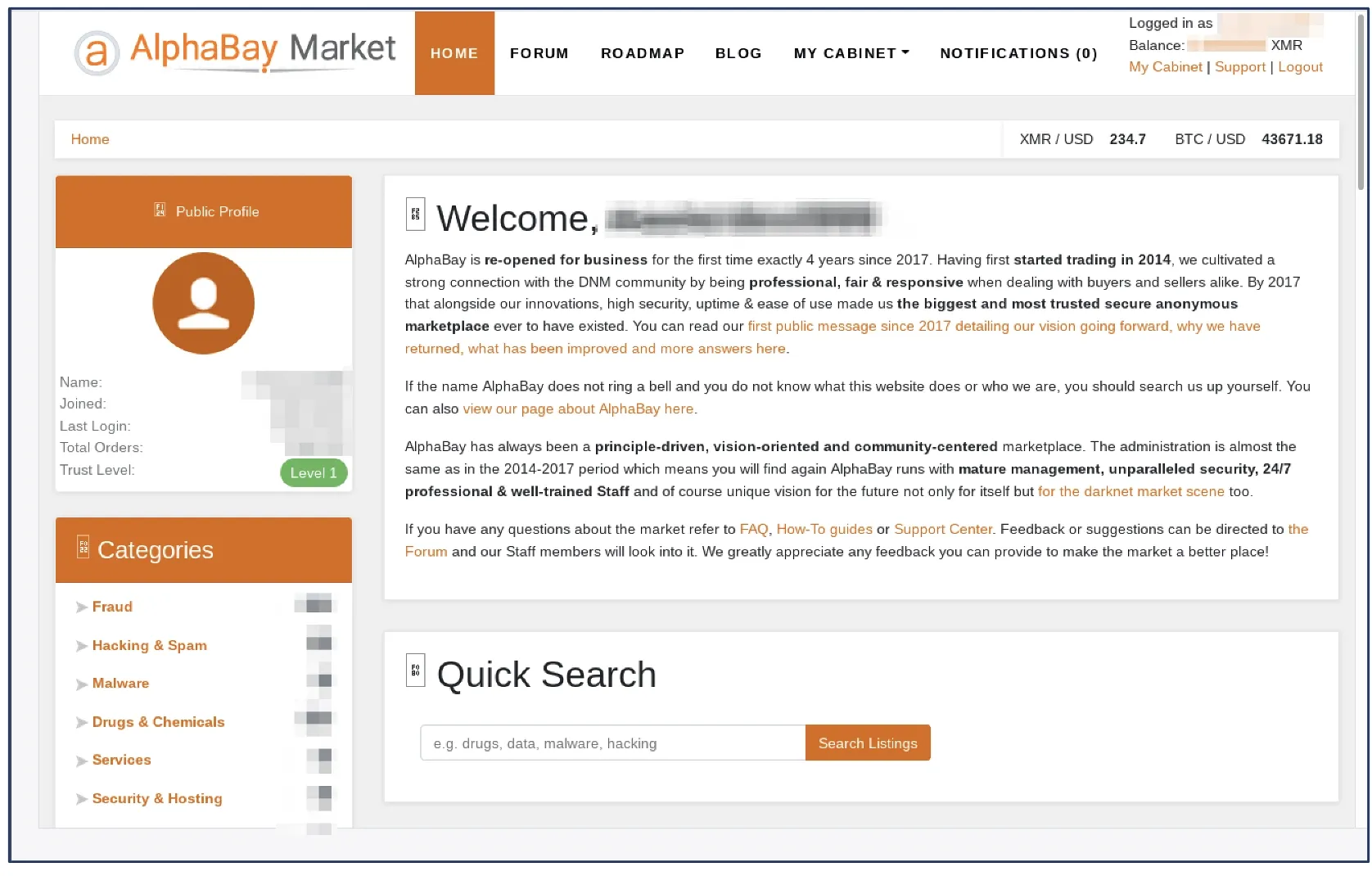 AlphaBay Market interface