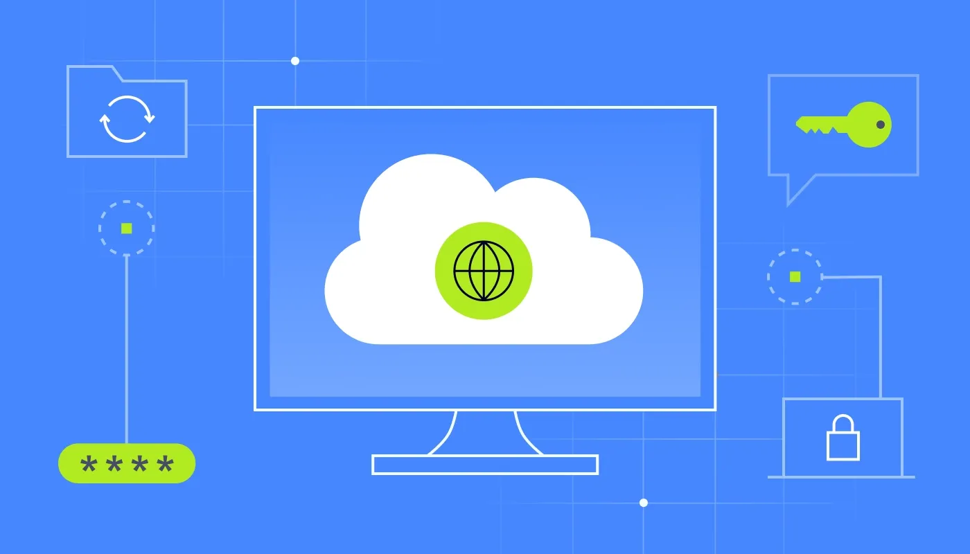 An image of a monitor displaying a cloud with a globe icon, surrounded by security symbols like a key, lock, and a password field.