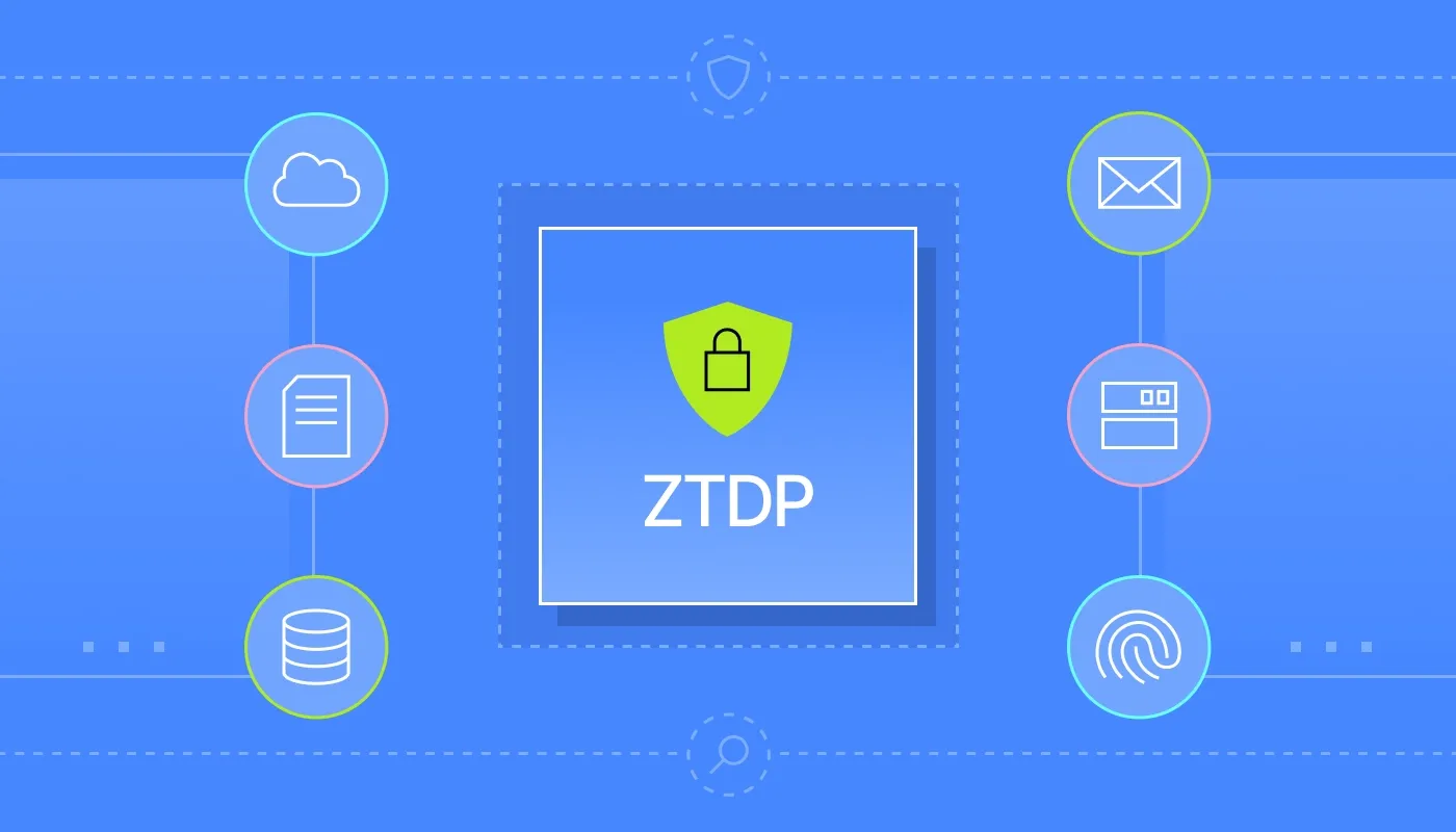 Illustration of Zero Trust Data Protection (ZTDP) with a central shield icon and lock, surrounded by icons representing cloud, documents, databases, email, servers, and biometric access, all connected by dotted security lines
