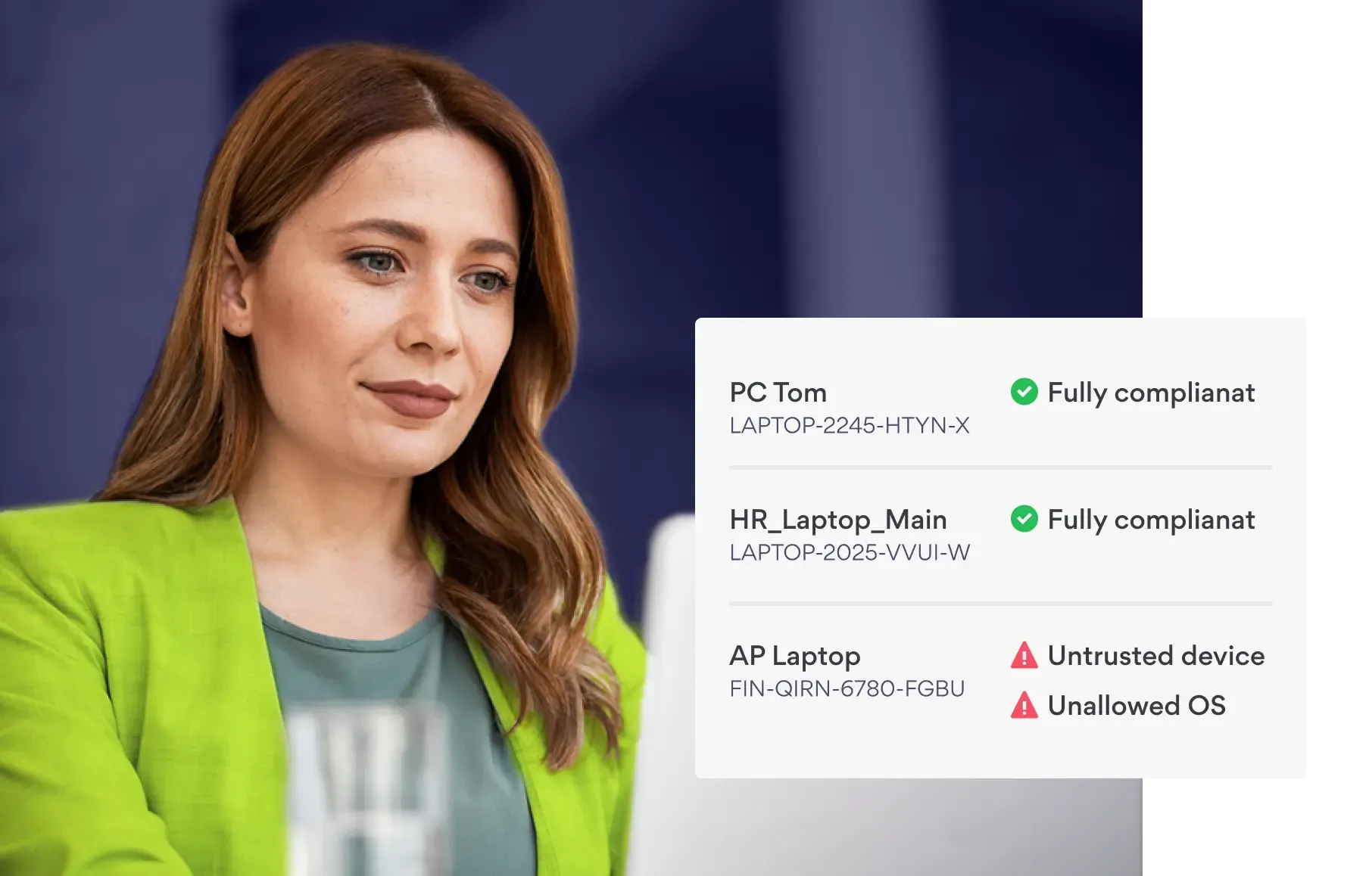 Person viewing an activity history dashboard showing two devices marked as 'Fully compliant' and one flagged as 'Untrusted device' with an 'Unallowed OS.'