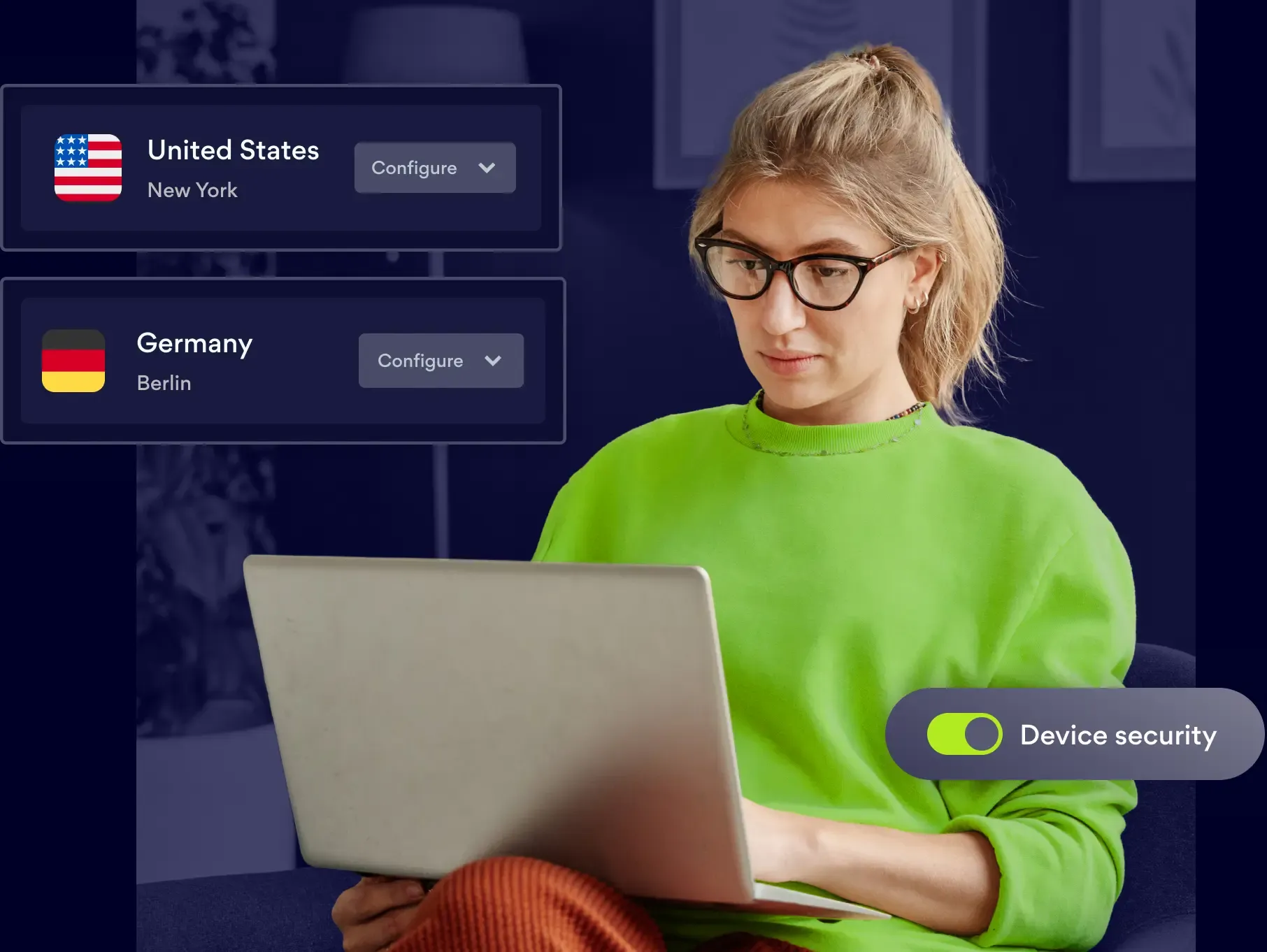 Admin setting location-based network access control for United States and Germany offices, with device security toggle on