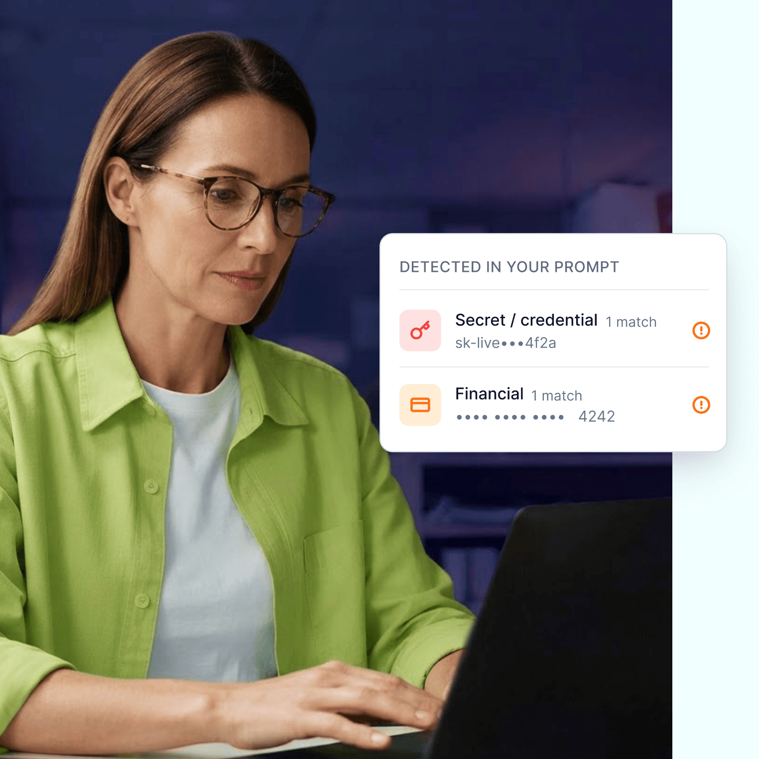 Alert showing detected credentials and financial information in AI prompt