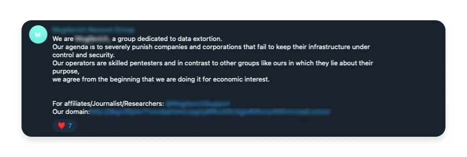 Main page of a secret group on Telegram, dedicated to data extortion.