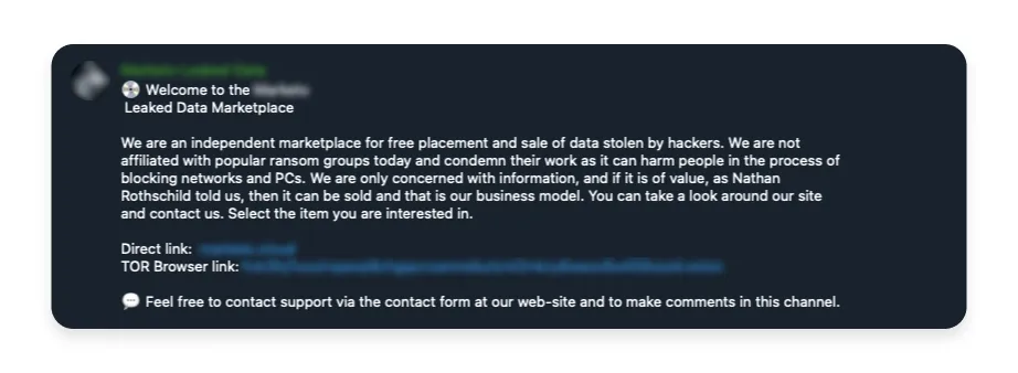 Main page of a secret group on Telegram, dedicated to selling stolen data.