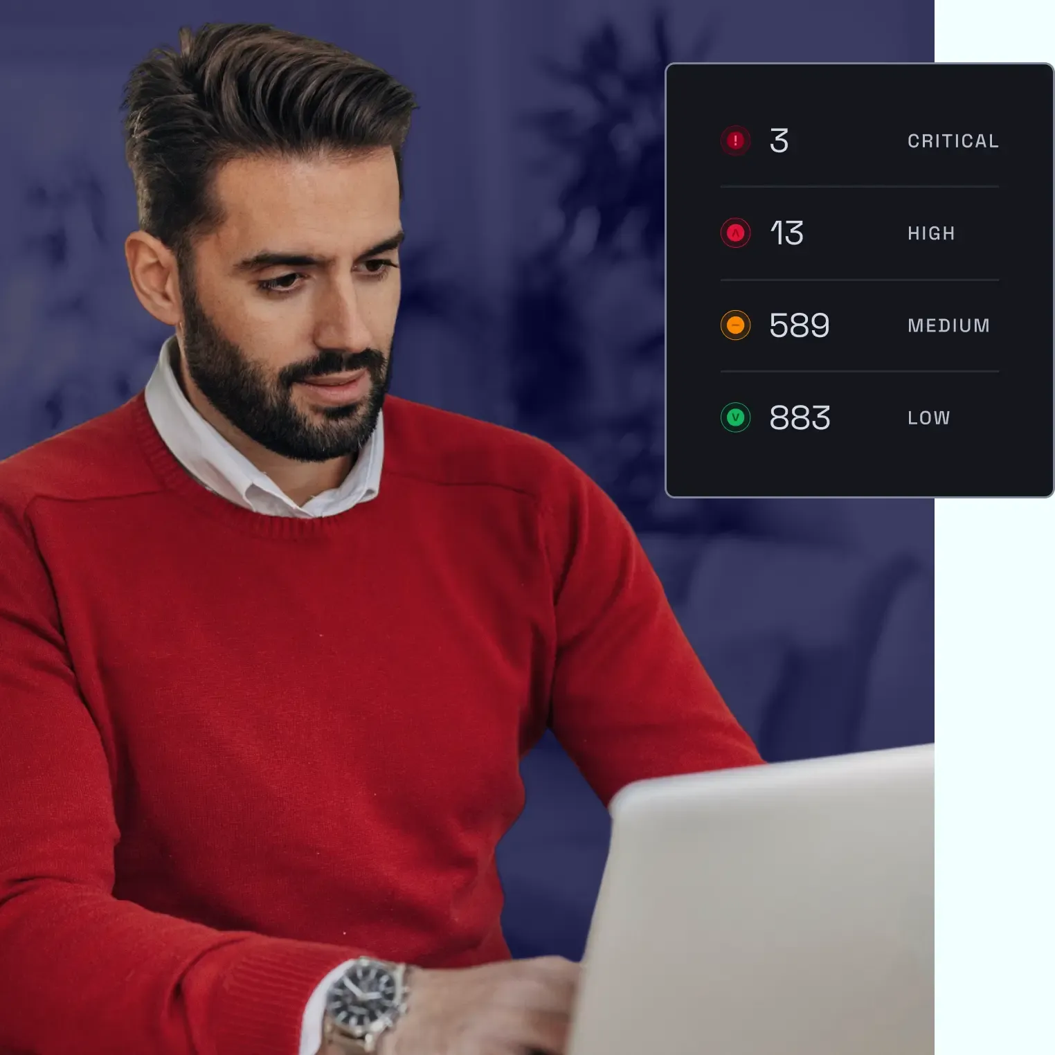 Brand protection dashboard with threat severity levels: critical, high, medium, and low, overlaid on photo of man using laptop.