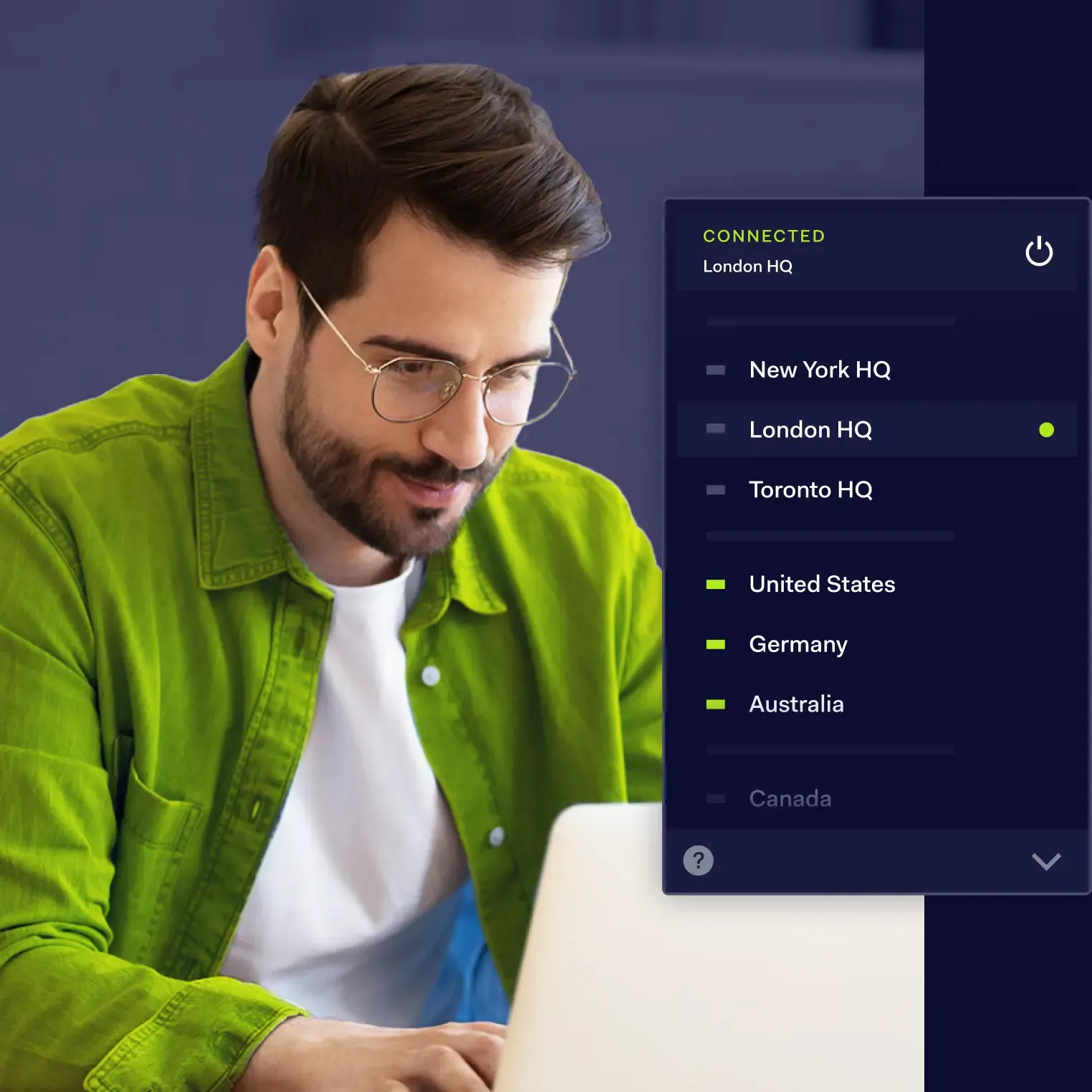 Business professional connected to NordLayer VPN with global server selection