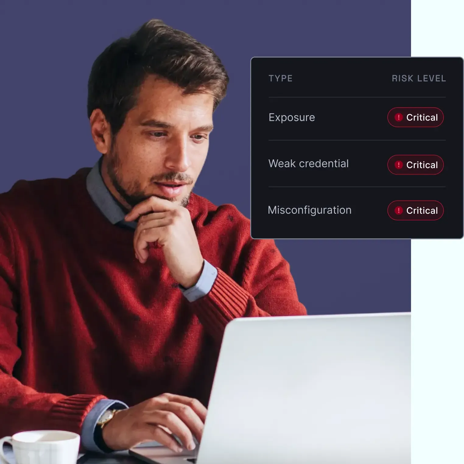 Business professional reviewing critical security threats: exposure, credentials, and misconfigurations