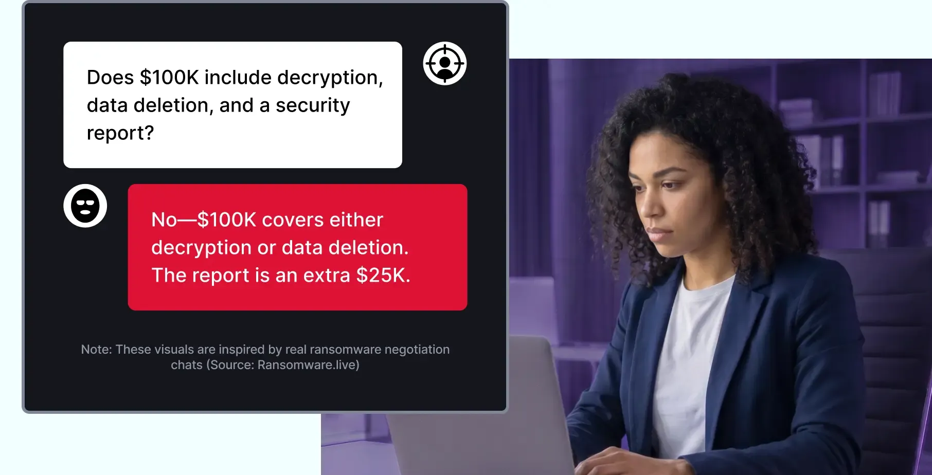 Business professional reviewing ransomware negotiation chat about decryption, data deletion, and security report costs