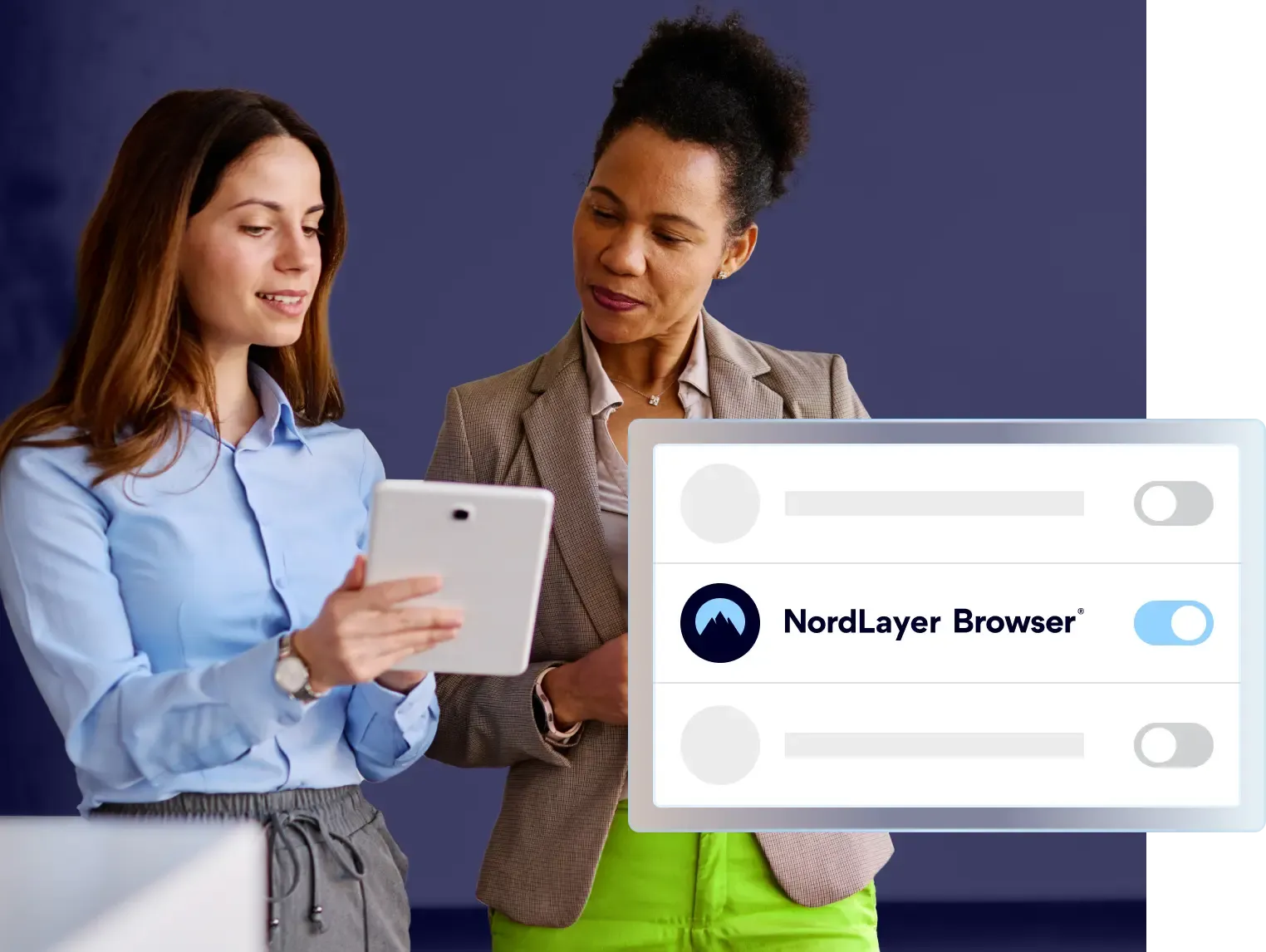 Colleagues using a tablet with NordLayer Browser for secure SaaS access