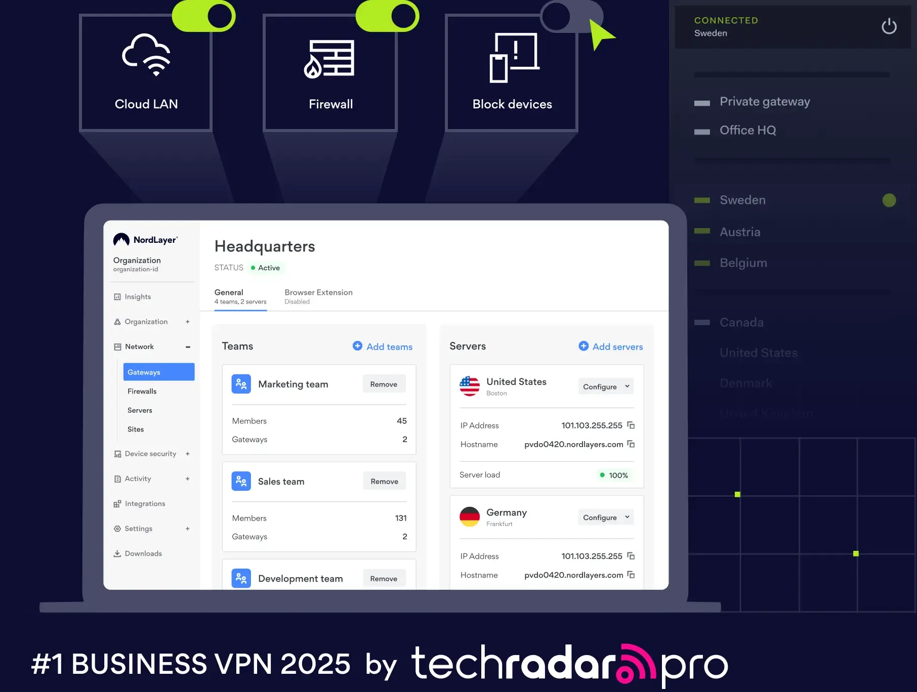 Control panel with key features of NordLayer that is named business VPN No 1 by TechRadar