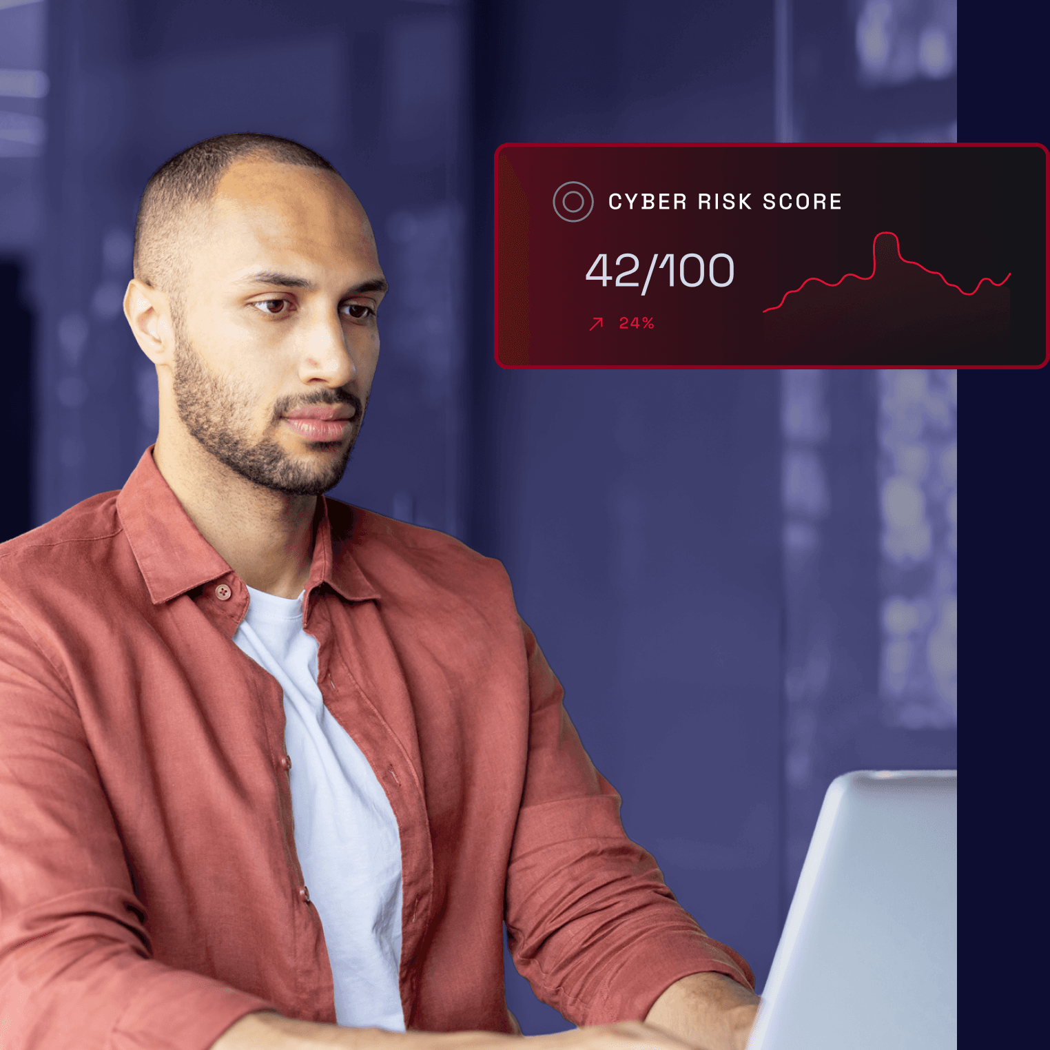 Business professional reviewing cybersecurity risk report with 42/100 cyber risk score and trend graph 
