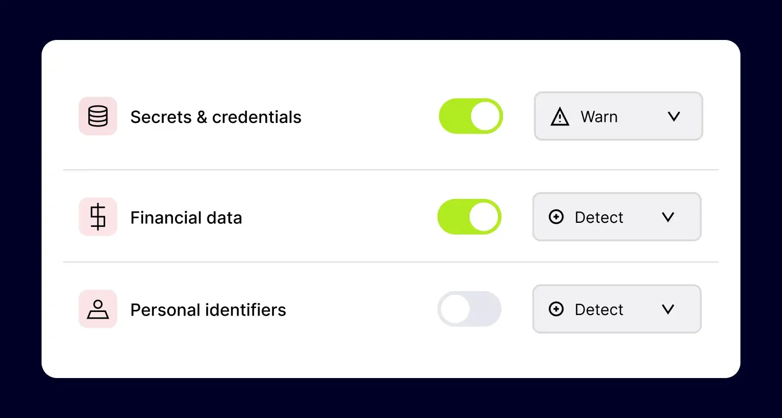 Data protection settings with toggle actions for credentials, financial, and personal data