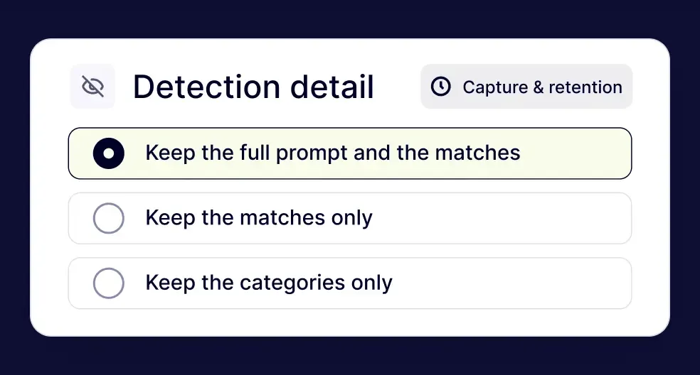 Data retention options for prompts, metafiles, and detection categories