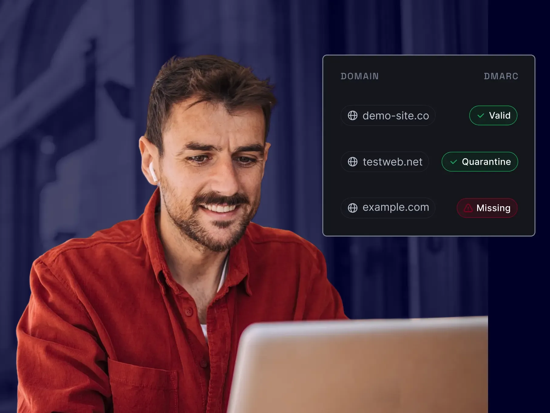DMARC dashboard with domain status indicators: Valid, Quarantine, and Missing, overlaid on photo of man using laptop.