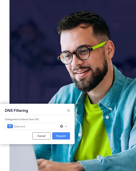DNS filtering modal with category blocking controls for AI tool access management