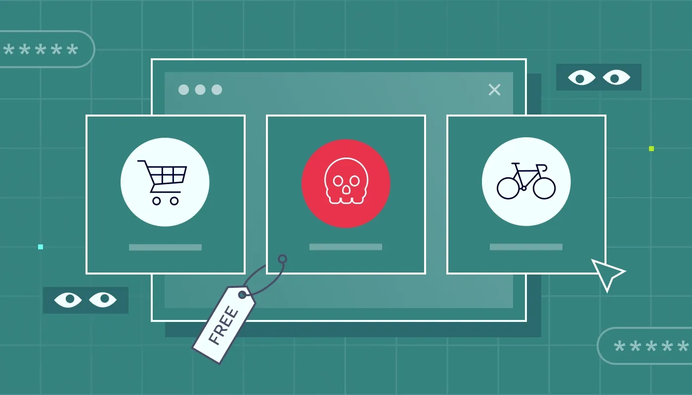 Abstract graphic with random goods to buy, and a network threat icon representing e-commerce cybersecurity.