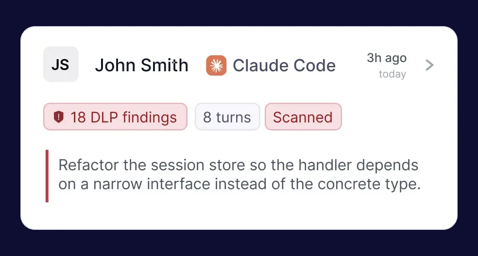 Employee activity review showing flagged Claude Code interaction