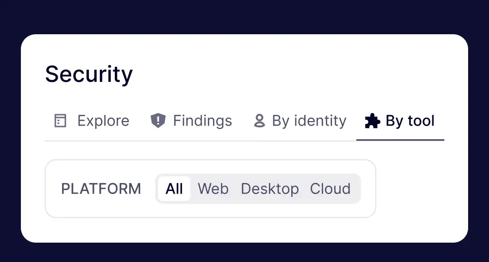 Filter AI activity by explore, findings, identity, or app tool