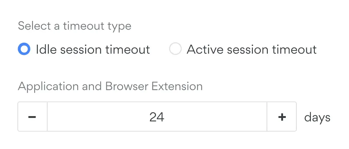 Idle session timeout selector showing 24 days with increment and decrement buttons