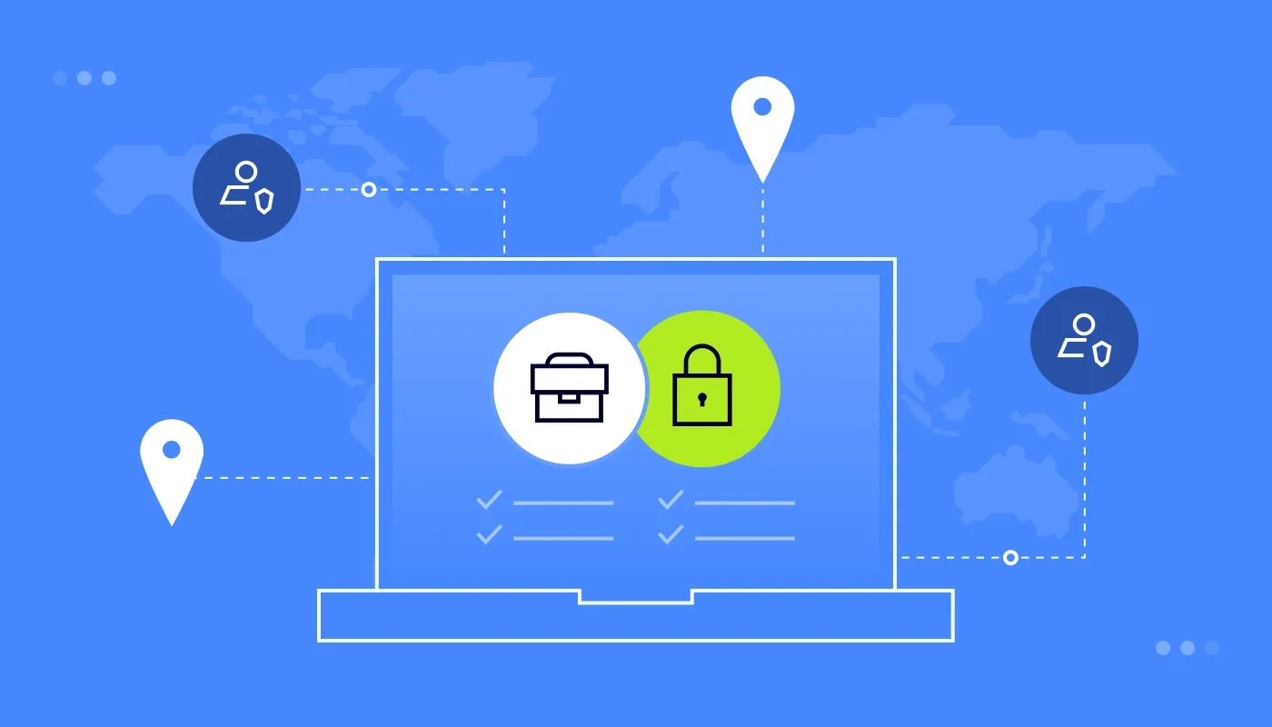 Illustration of a laptop with business and security icons, representing secure remote access and global connectivity.