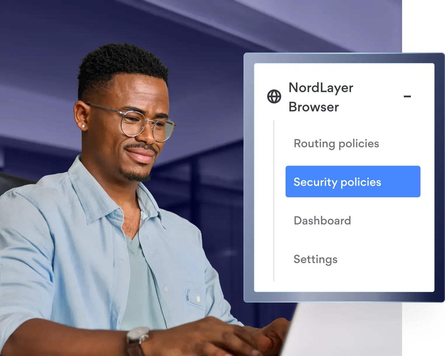 Man working on laptop with NordLayer Browser