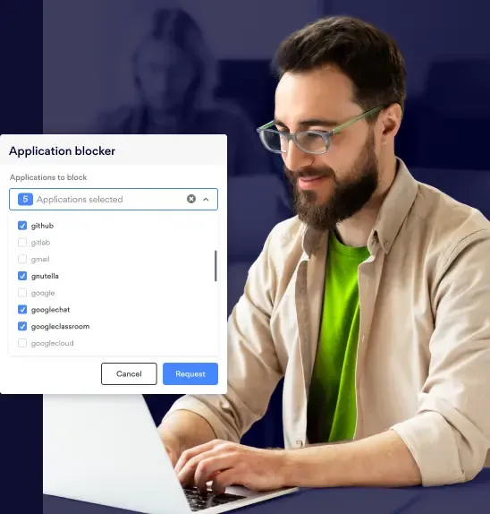 Man configuring NordLayer application blocking feature on laptop