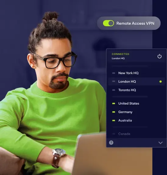 Man connecting to London HQ via NordLayer Remote Access VPN