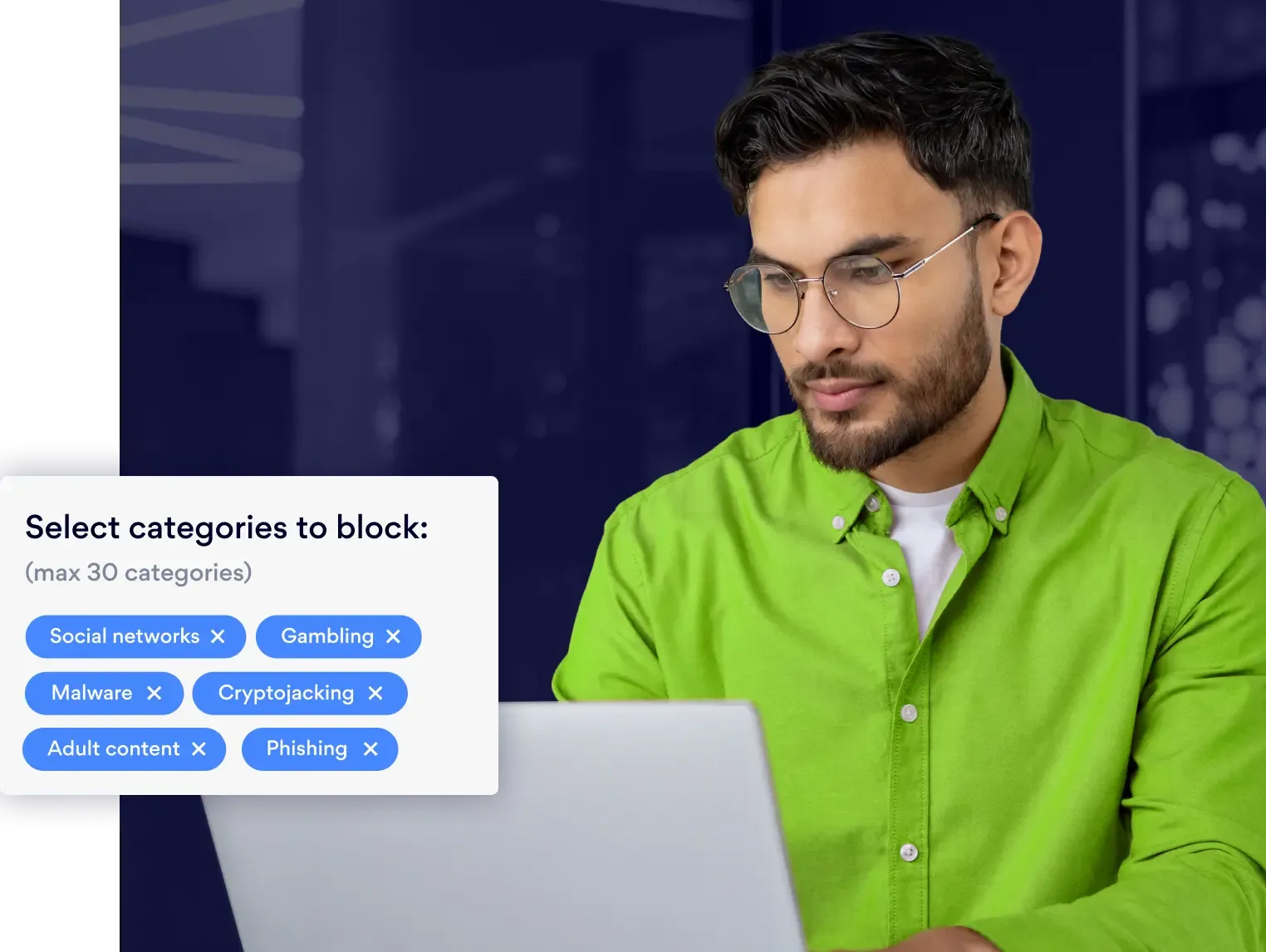Man on laptop with category blocking panel showing six selected.