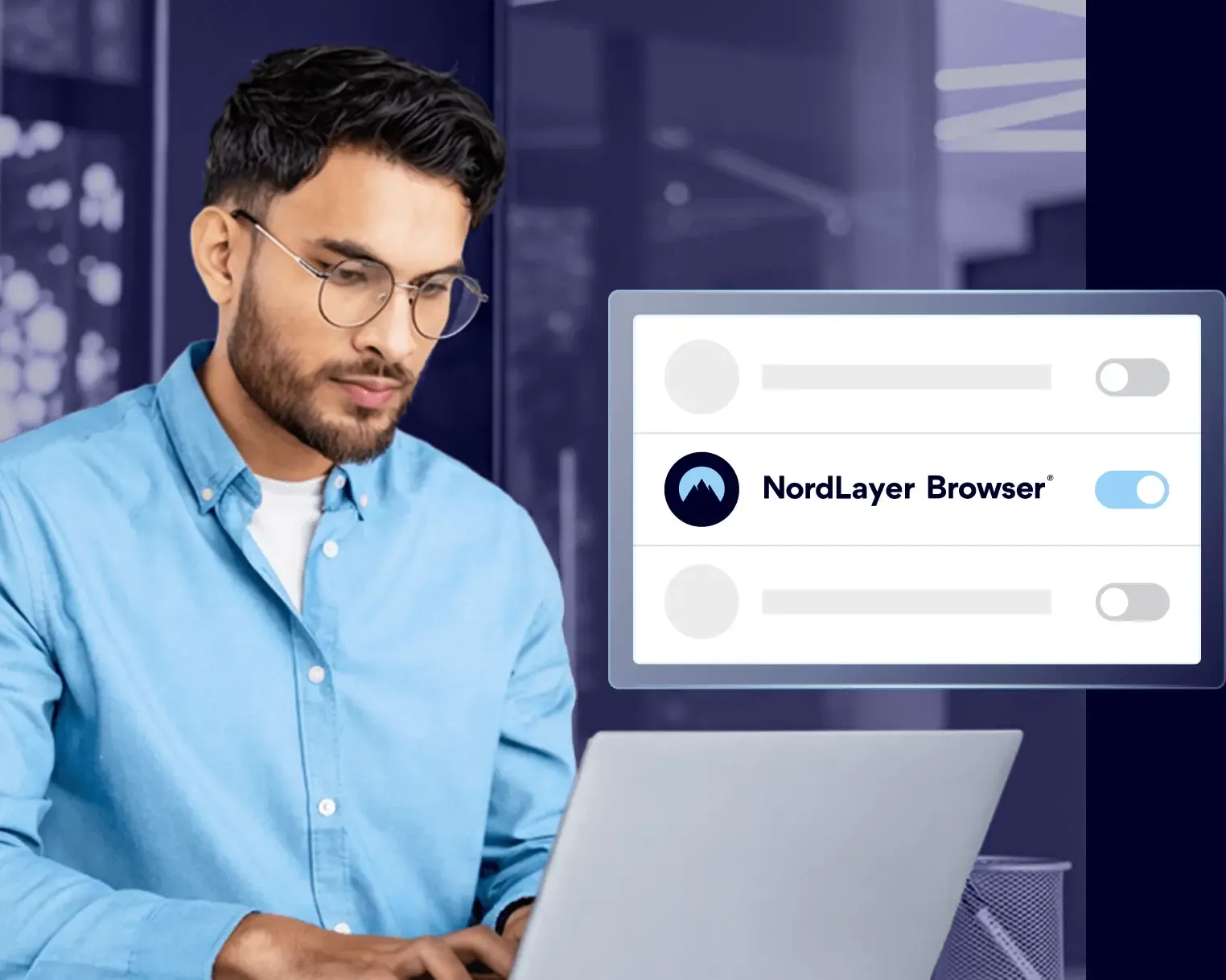 Man using laptop with NordLayer browser