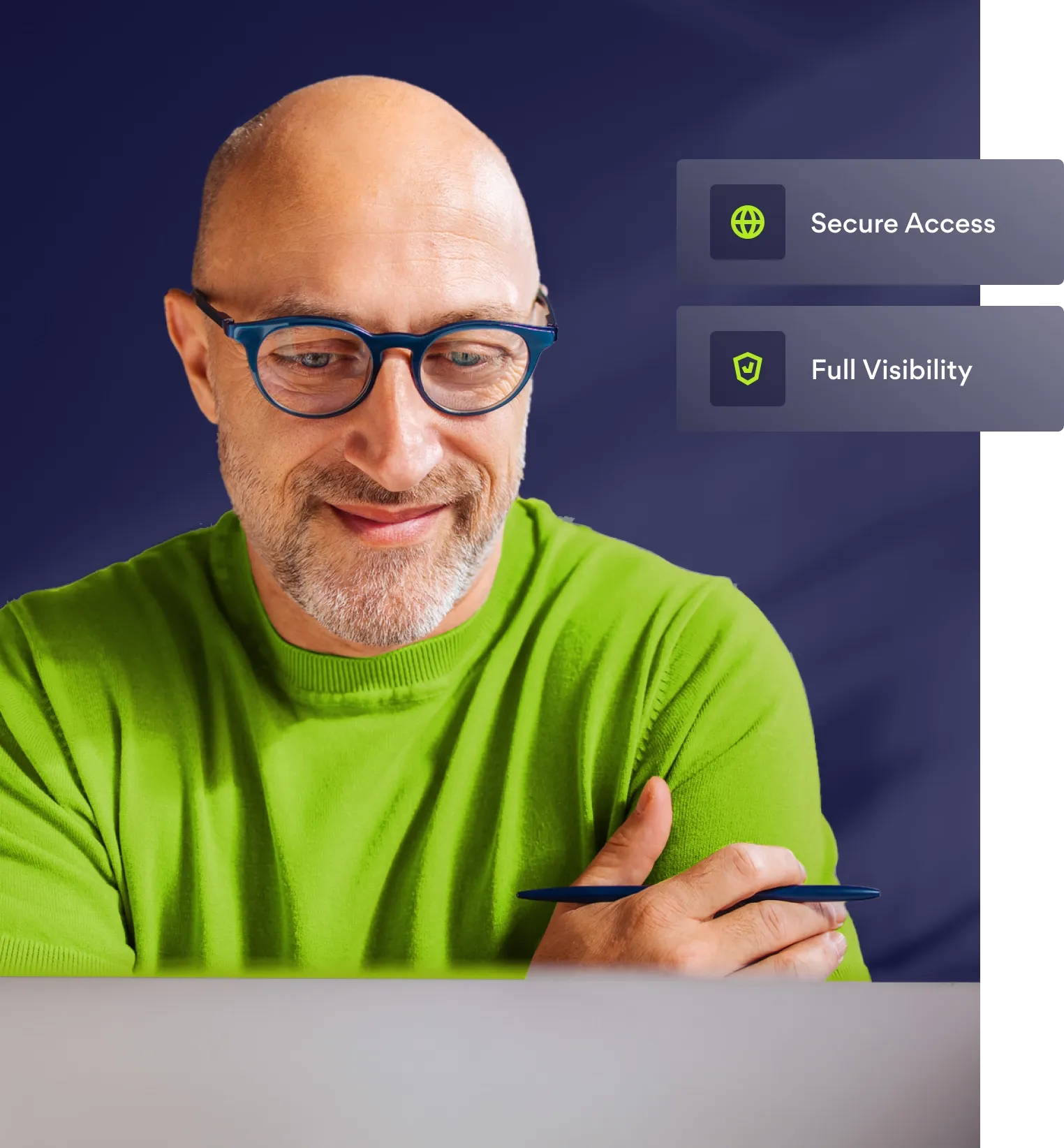 Smiling professional at laptop with Secure Access and Full Visibility features highlighted